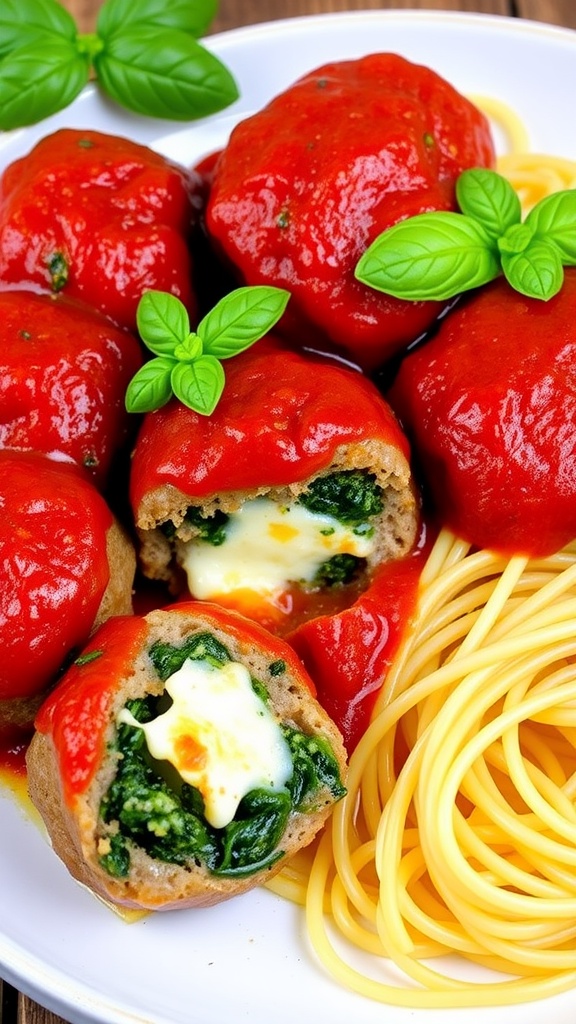 Savory spinach and garlic stuffed meatballs in marinara sauce, served with spaghetti and garnished with basil.